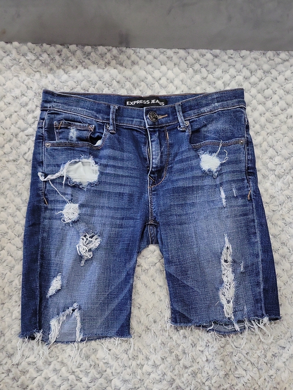 Express Women's Distressed Dark Blue Denim Shorts